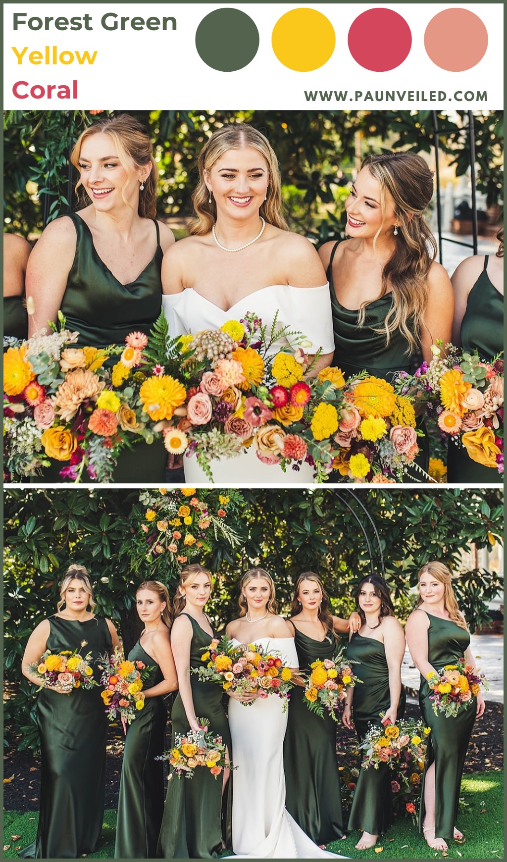 A fall wedding with a bride in white dress and bridesmaids wearing forest green dresses. they are all holding fall bouquets with yellow and peach flowers.