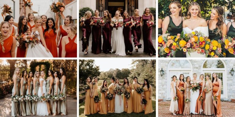 A photo collage showing 6 different fall wedding colors for 2025. This shows six different bridal parties posing in beautiful fall colored dresses.