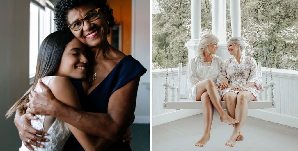 Two different photos of brides sharing sweet moments with their mom. The photo of the left shows a mom and her daughter hugging with their eyes closed. The photo on the right shows a mom and the bride sitting on a porch swing smiling at each each other in their robes
