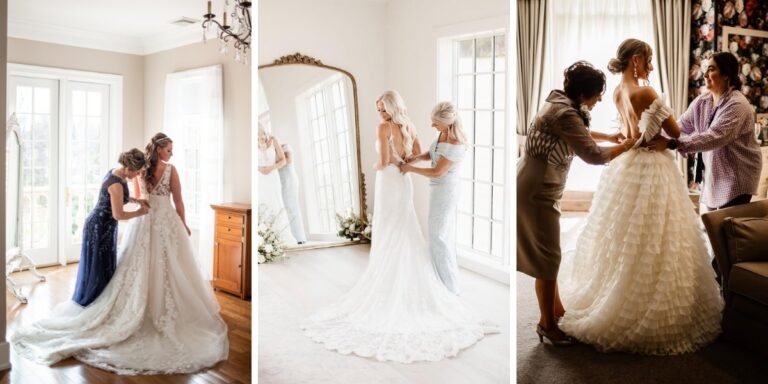 three photos of the mother of the bride zipping up the bride's wedding dress