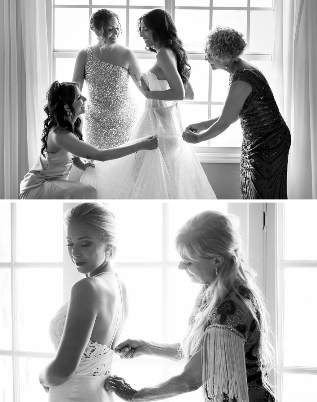 Two black and white photos of the bride having her dressed zipped up by the mother of the bride