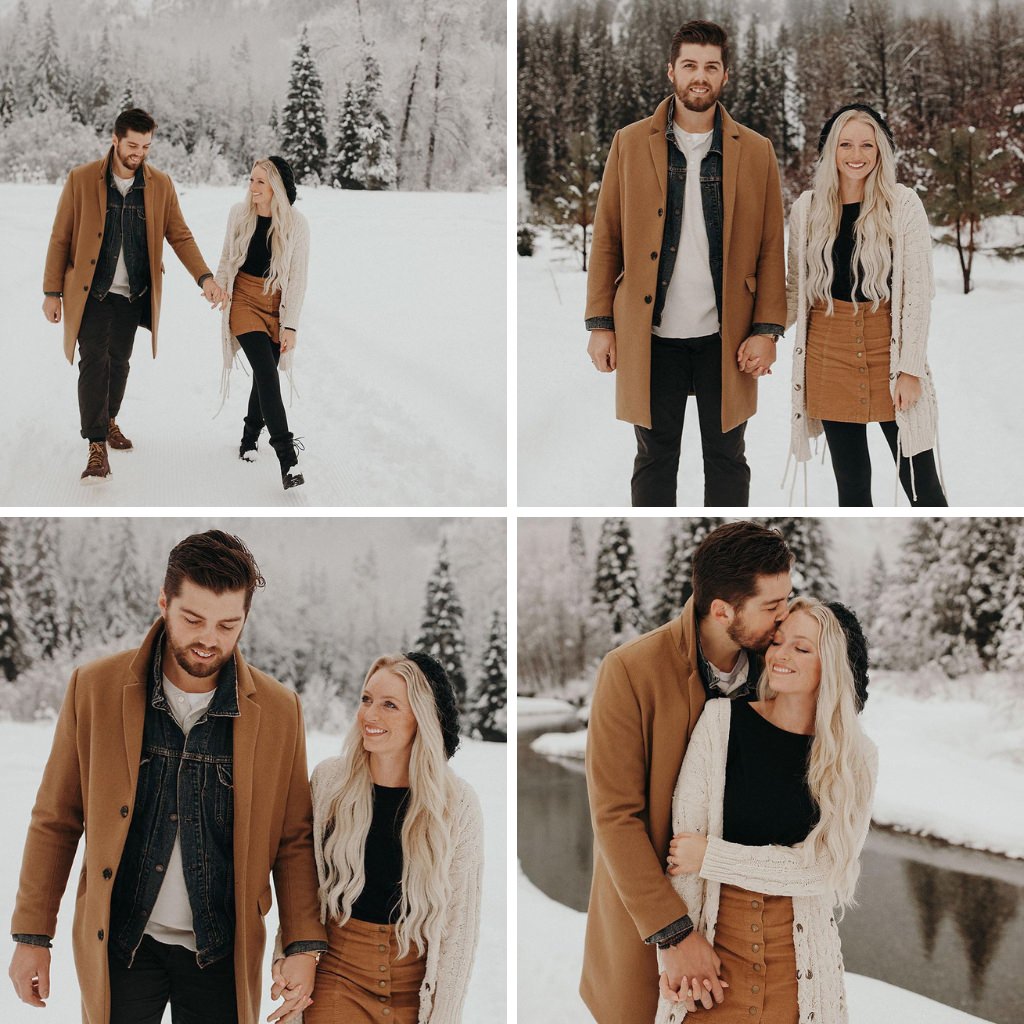 A man and woman posing for engagement photos in the snow wearing black, brown, and white outfits