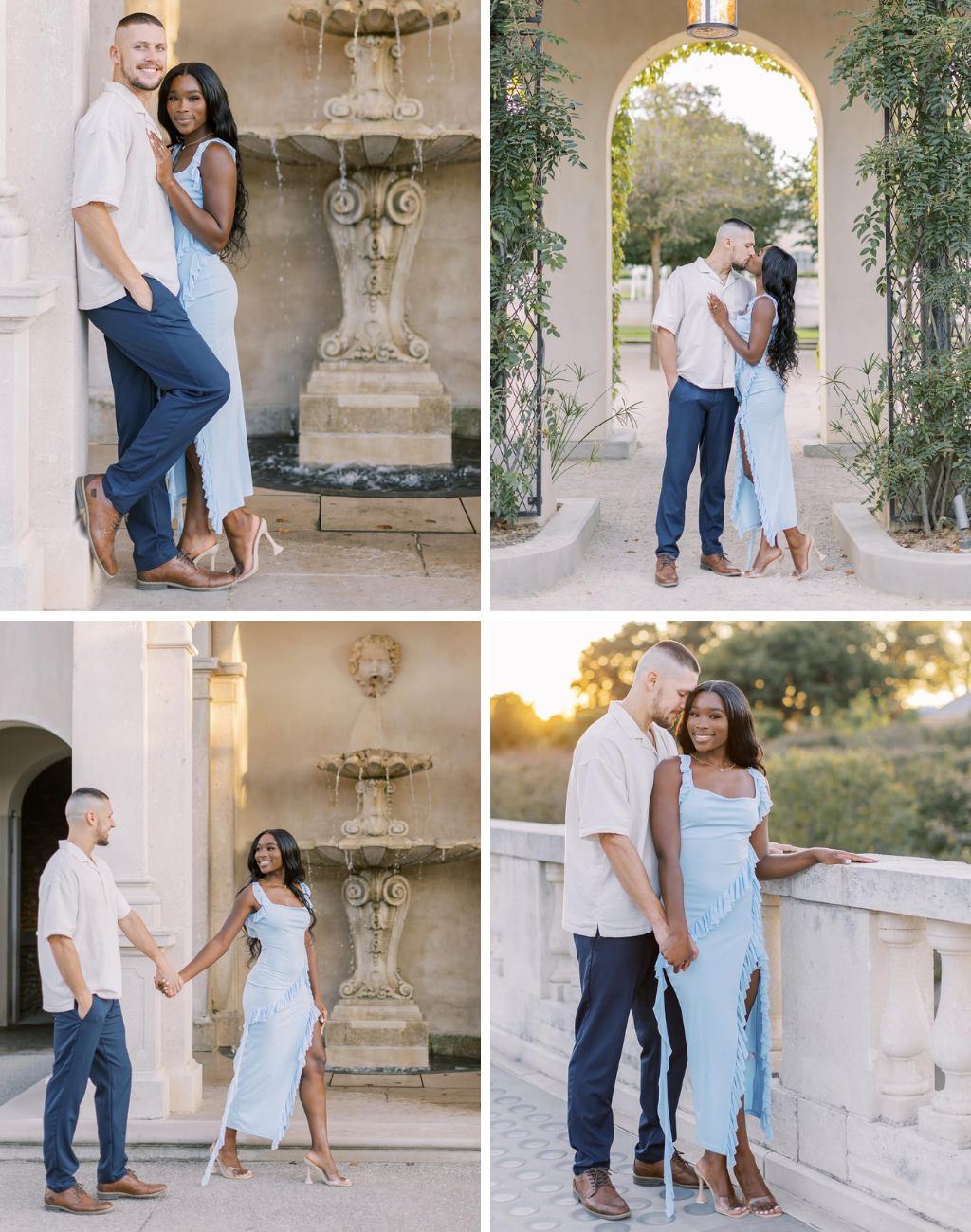 A couple posing for their spring engagement photos. The bride-to-be is wearing a pretty light blue dress.