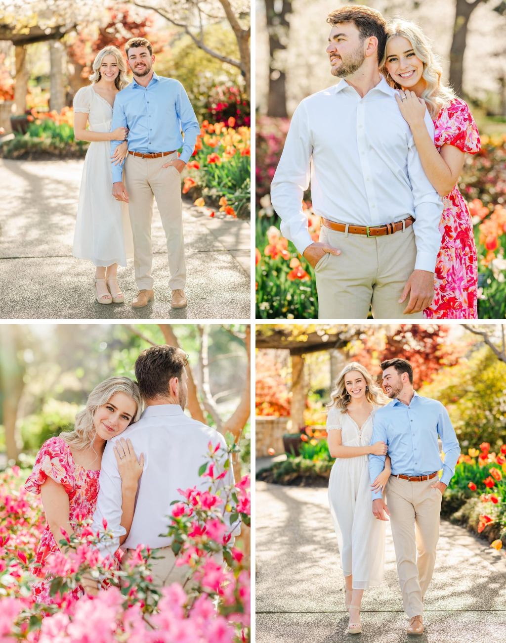 A couple posing for spring engagement photos. The girl is wearing two different dresses in the 4 photo collage...a pink floral dress and a white dress. The guy is wearing khakis and a blue dress shirt. They are surrounded by spring blossoms