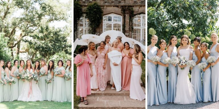 A collage of wedding photos with spring color palette ideas. This shows brides and bridesmaids in blue, green, and pink