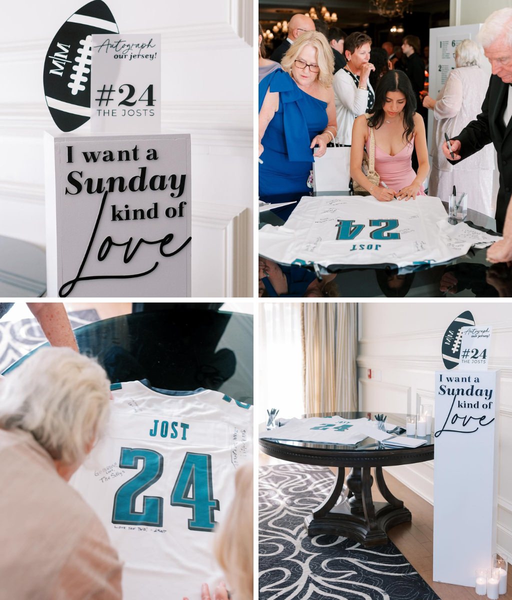 A wedding guest book alternative idea like this is a lot of fun and shows the couples personality. The couple set up a station where wedding guests are signing a football jersey from the couples favorite team.