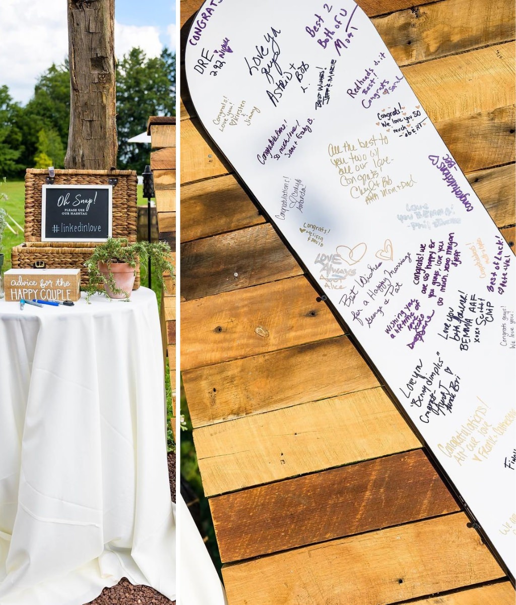 A snowboard wedding guest book where the guests sign the white snowboard.