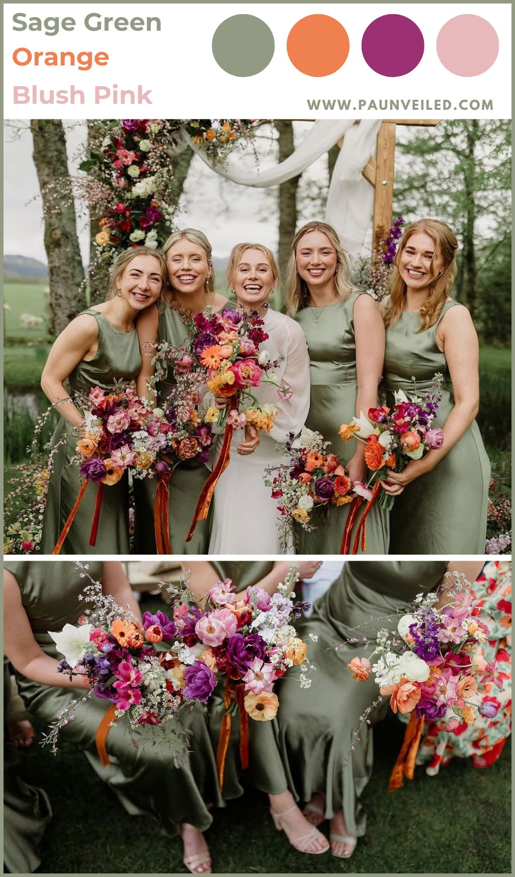 A bride and her bridesmaids posing at a fall wedding. The girls are wearing sage green dresses.