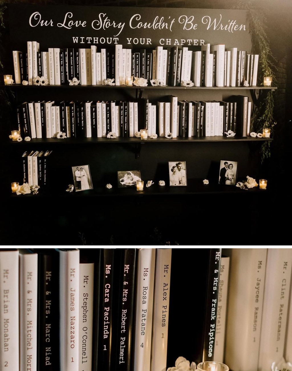 A wedding seating chart idea that isa  big book shelf and each guest has their own book with their name and table number.