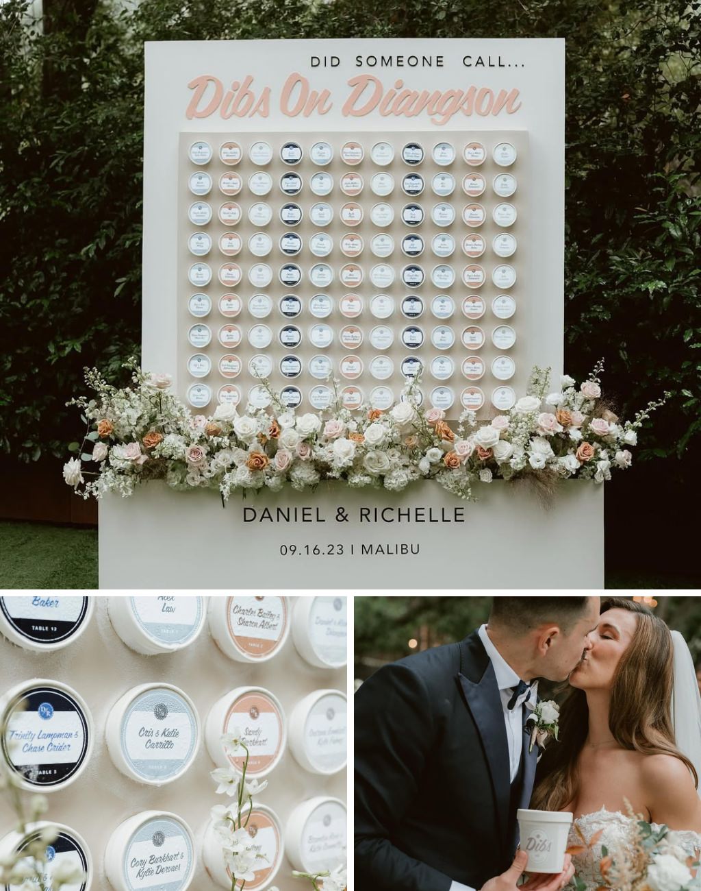 A wedding seating chart that has indivdual tubs of Dibs ice cream with each guests name on it.