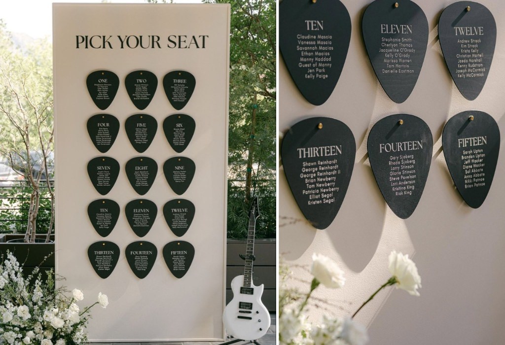 A wedding seating chart that has giant guitar picks for each table number with the names of each guest printed on them. Talk about unique wedding seating chart ideas!