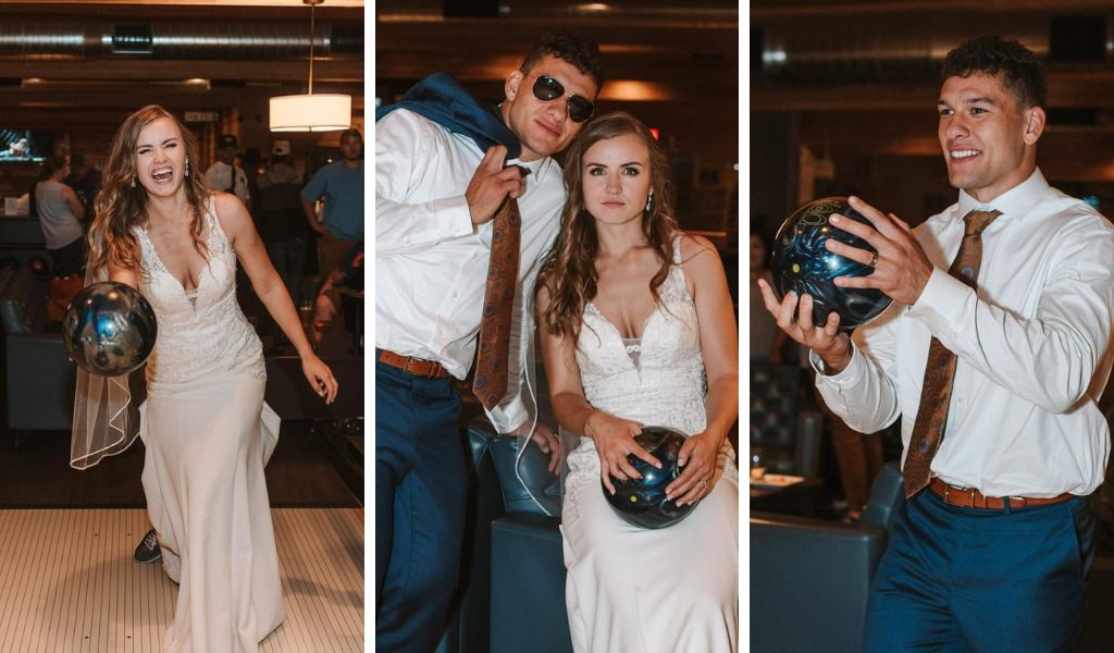 A wedding taking place in a bowling alley. This shows the bride and groom posing and bowling