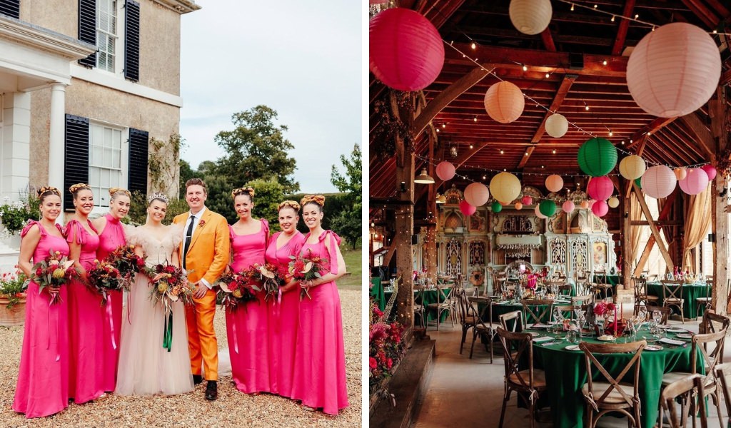 A bride and groom and their wedding party wearing bold and bright colors. The brides are in bright pink dresses and the groom is wearing a bold orange suit