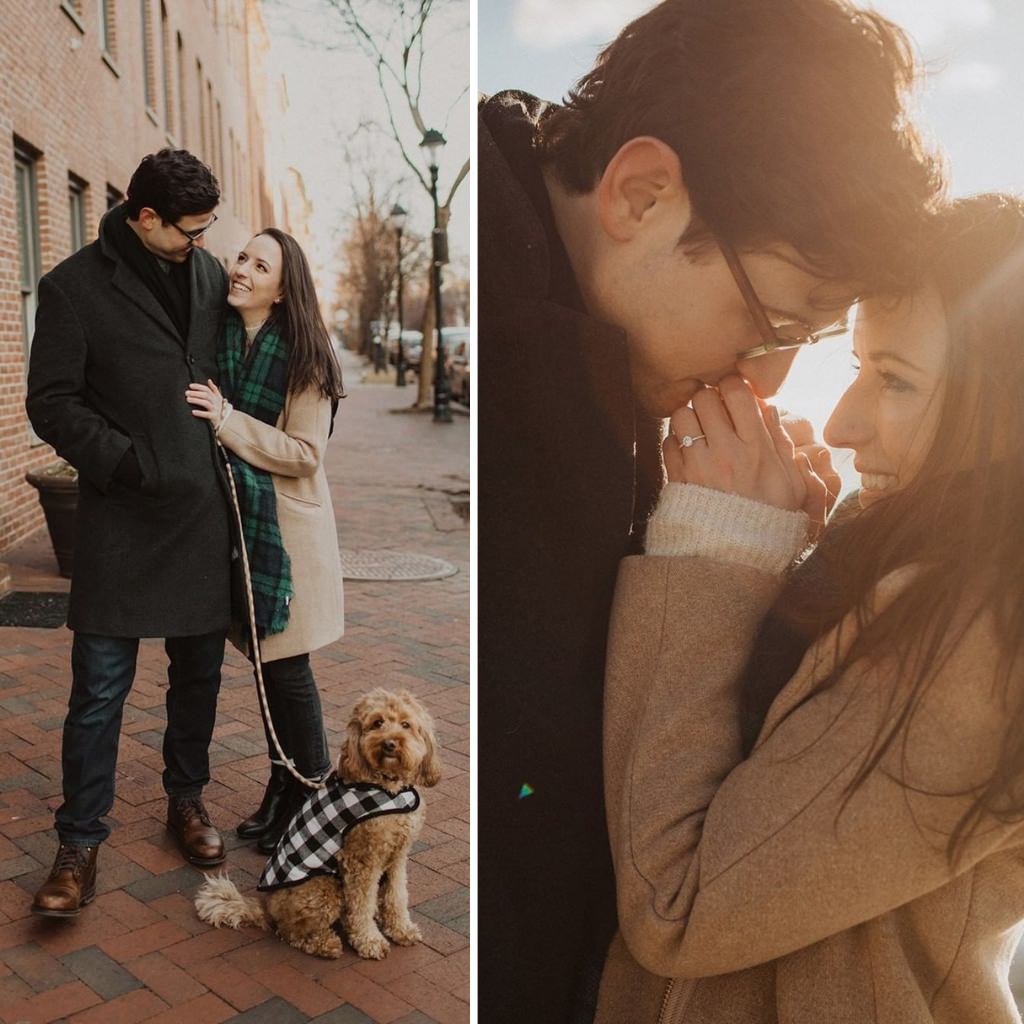A couple posing for winter engagement photos with their cute dog