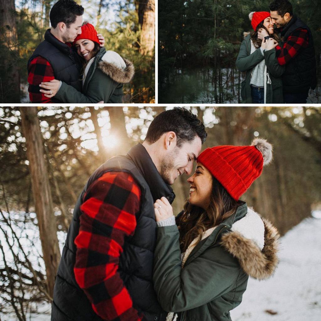 A cute cozy couple dressed for winter during their engagement session