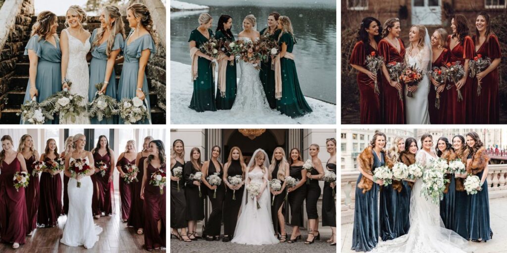 A photo collahe showing six different gorgeous winter wedding colors with bridesmaid dresses and bouquets