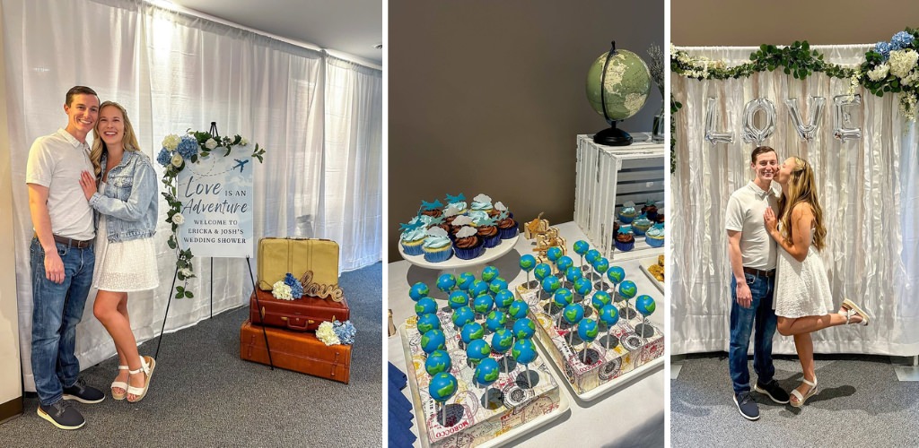 A couple posing at their  wedding shower plus some globe cake pops that go with their travel theme