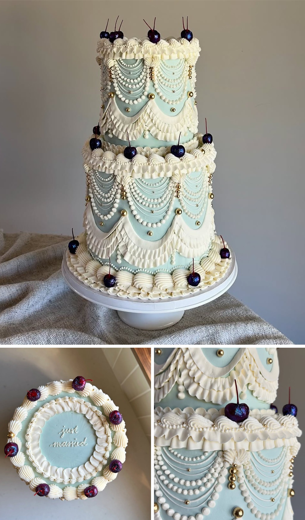 A really cool 2-tier retro wedding cake with light blue and white. It also has blueberries on it
