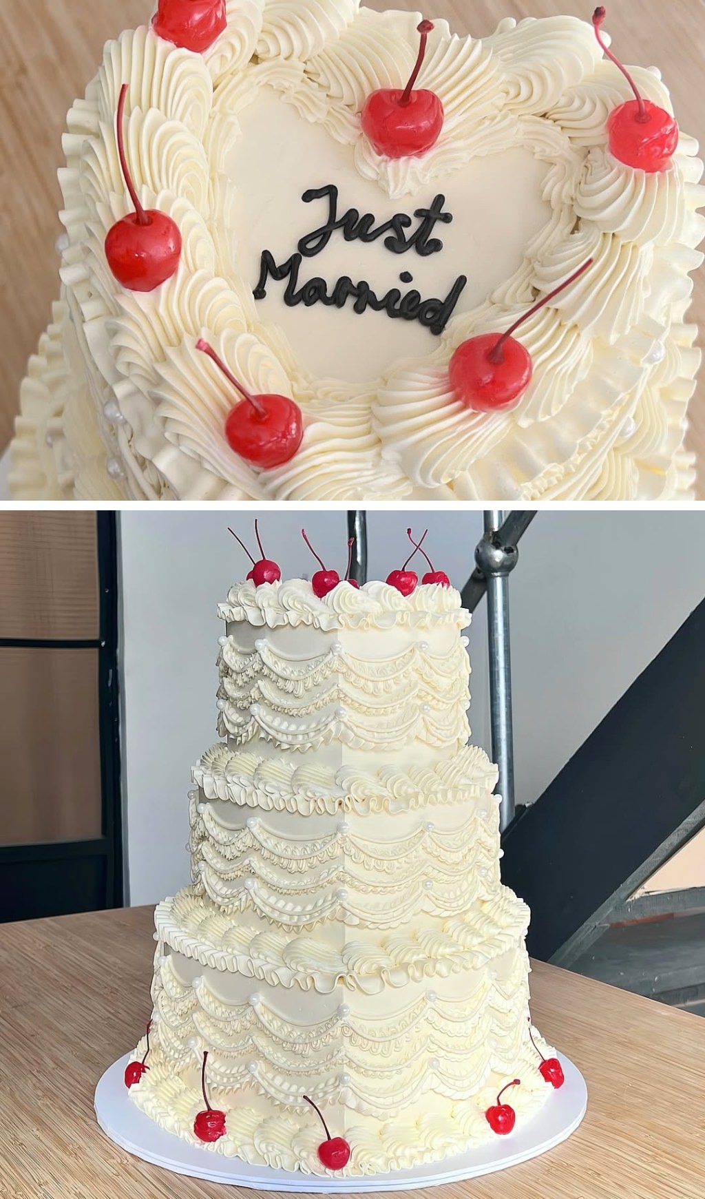 A 3-tier retro white wedding cake with cherries and vintage look.