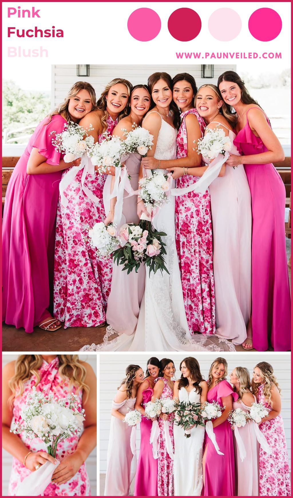 A bride posing with the bridesmaids. The girls are wearing mismatched spring colored dresses in different shades of pink and fuchsia. 