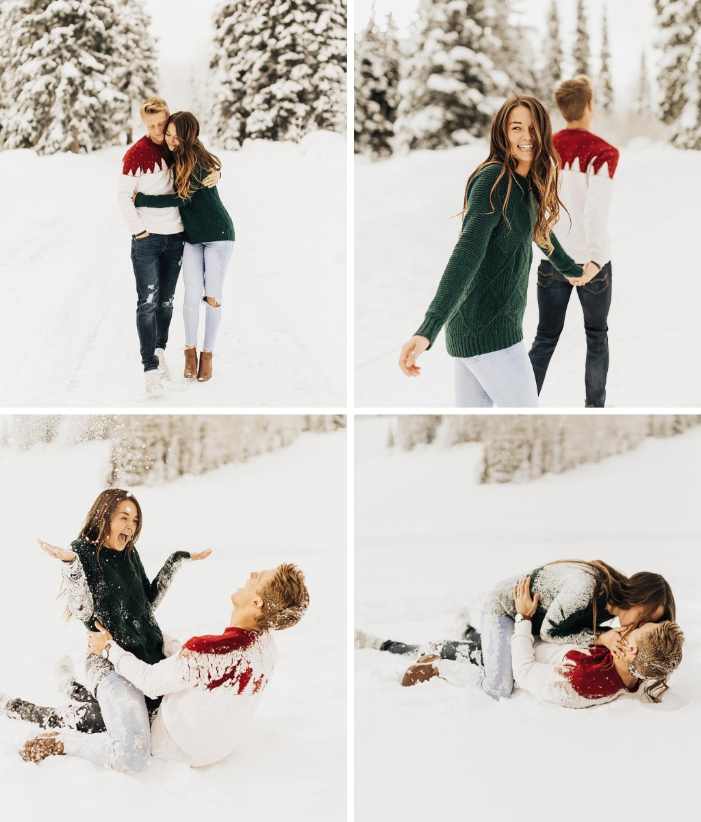 A couple taking winter engagement pictures in the snow. This collage shows them being playful with each other