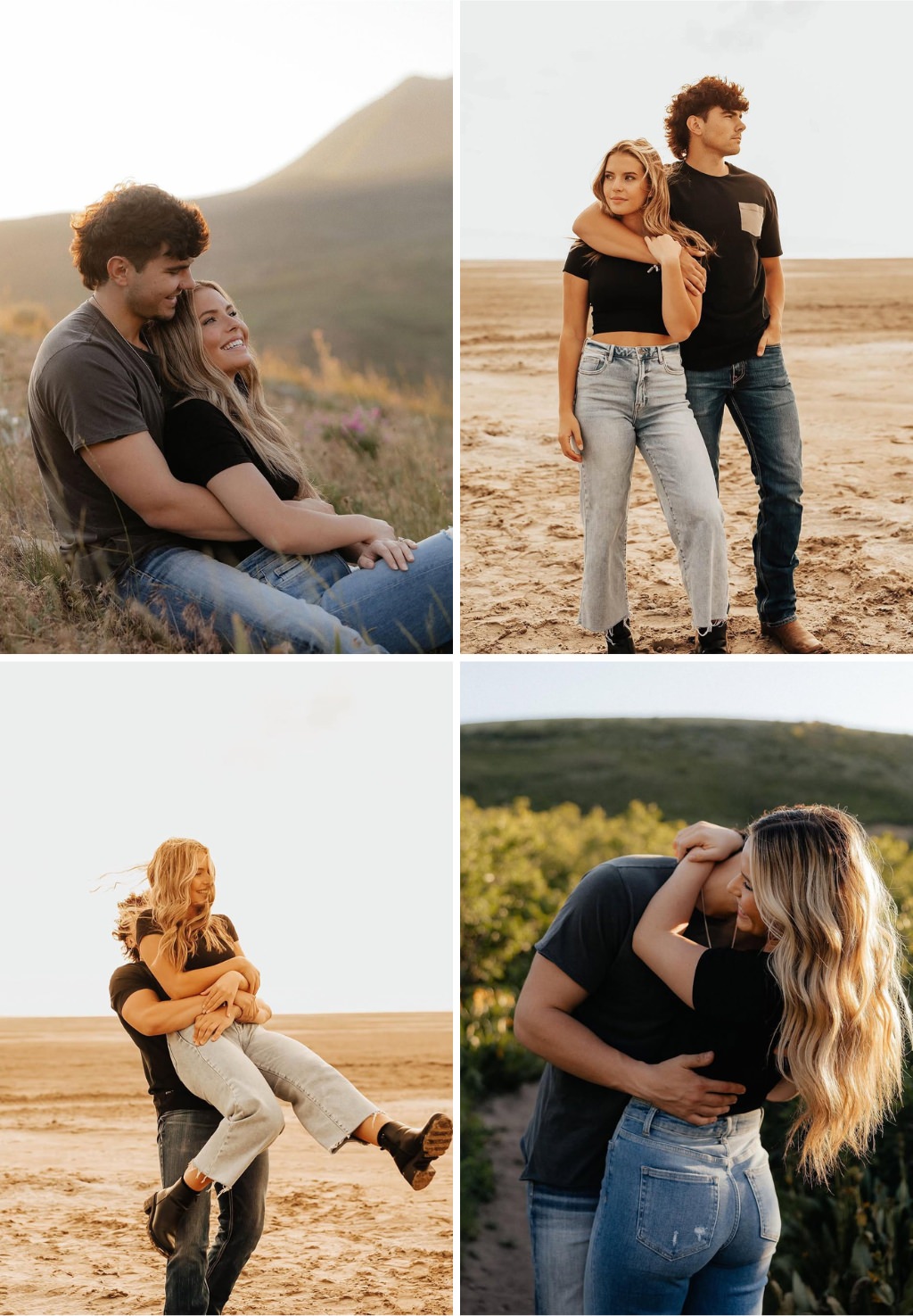A couple posing for engagement photos in blue jeans and black shirts in a field. 